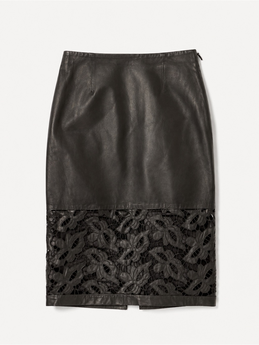 $420 MARCIANO LASER CUT LEATHER SKIRT